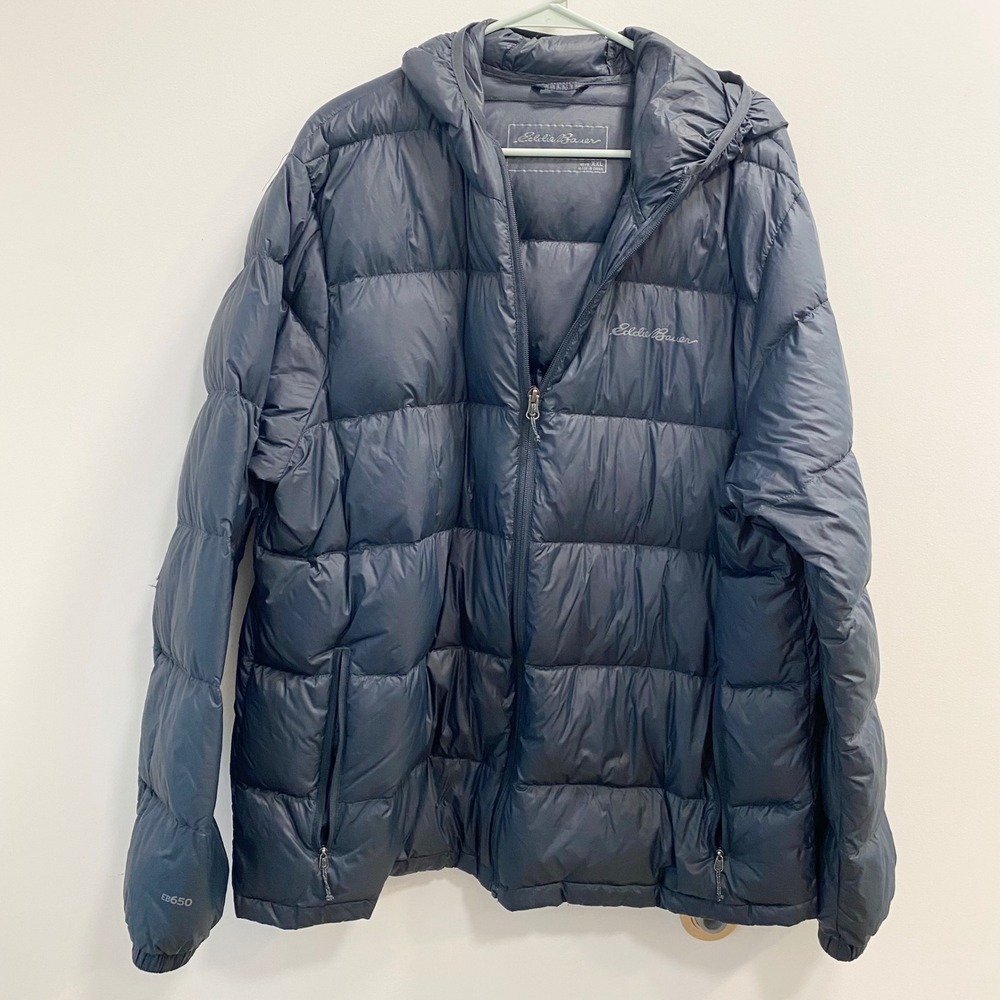 Eddie Bauer Down Jacket Mens XXL Navy Blue Wide Channel Hooded Puffer Insulated